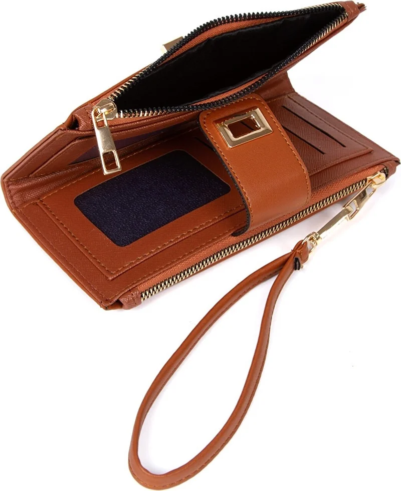 افكا Dos Women's Leather Tan Phone Cash Coin Compartment Card Holder Locked Wrist Strap Portfolio Wallet