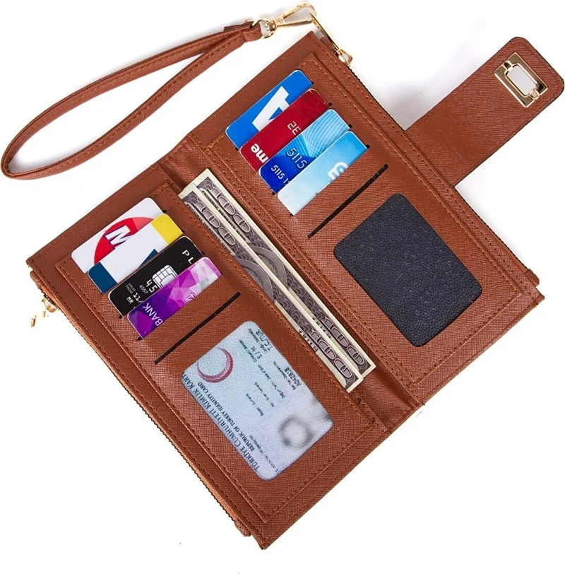 افكا Dos Women's Leather Tan Phone Cash Coin Compartment Card Holder Locked Wrist Strap Portfolio Wallet