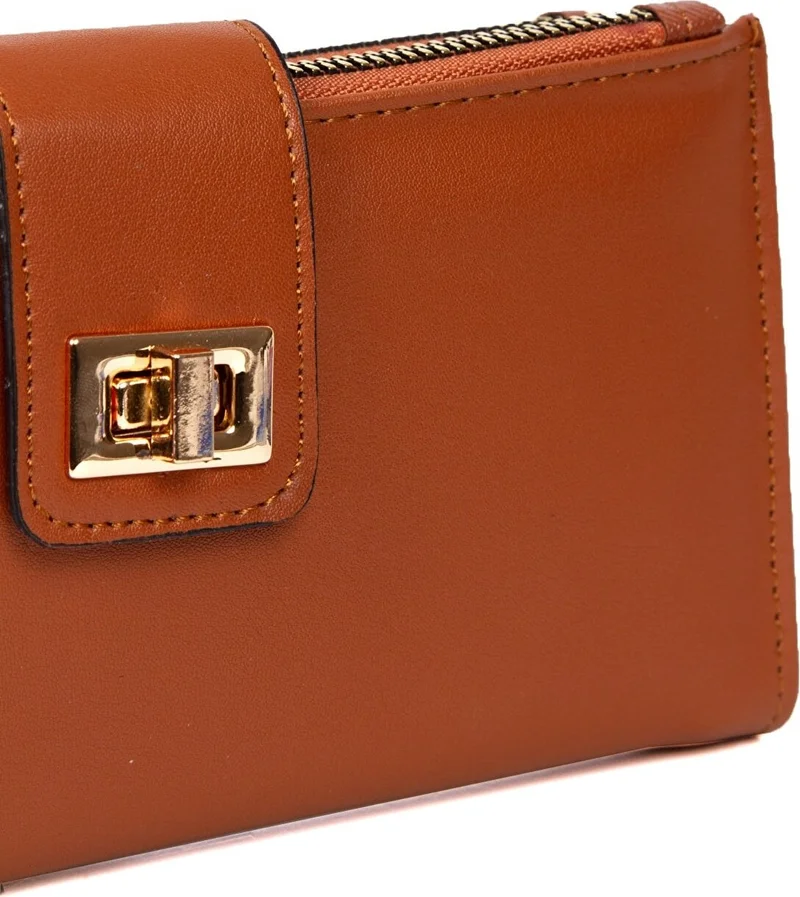 افكا Dos Women's Leather Tan Phone Cash Coin Compartment Card Holder Locked Wrist Strap Portfolio Wallet