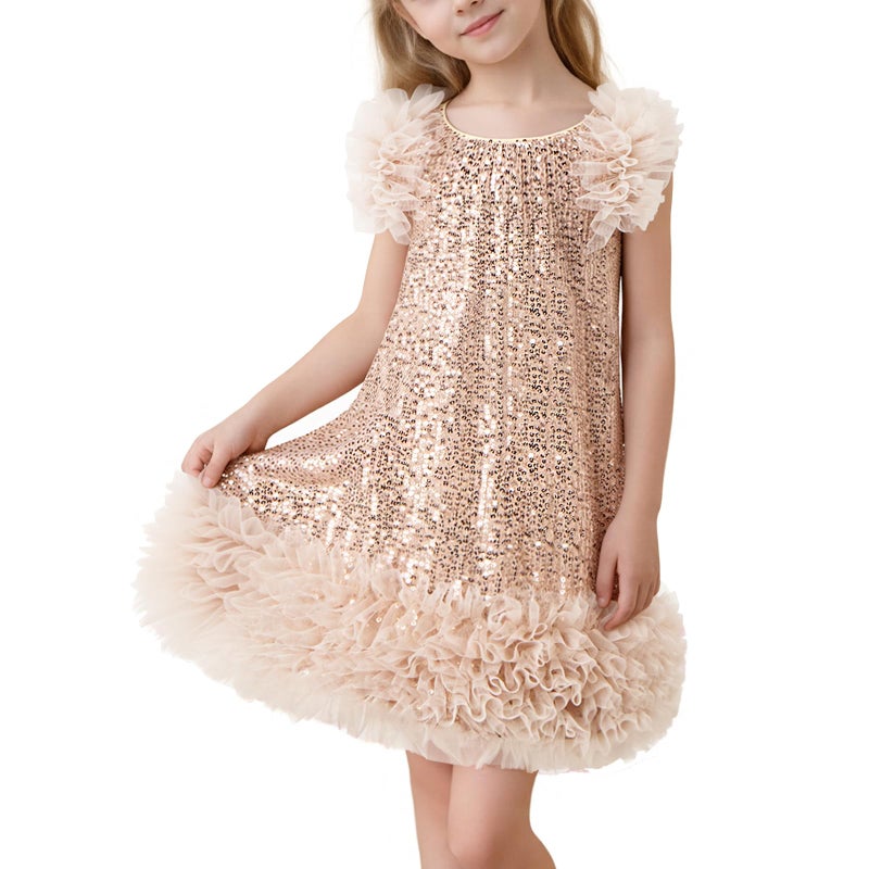 Tutu.kk Girls Sequin Gown A-Line Dress Sparkly Sleeveless Dress Cuff Shoulder Party Outfit for Gilrs Champagne 5-6 Years - Image 1