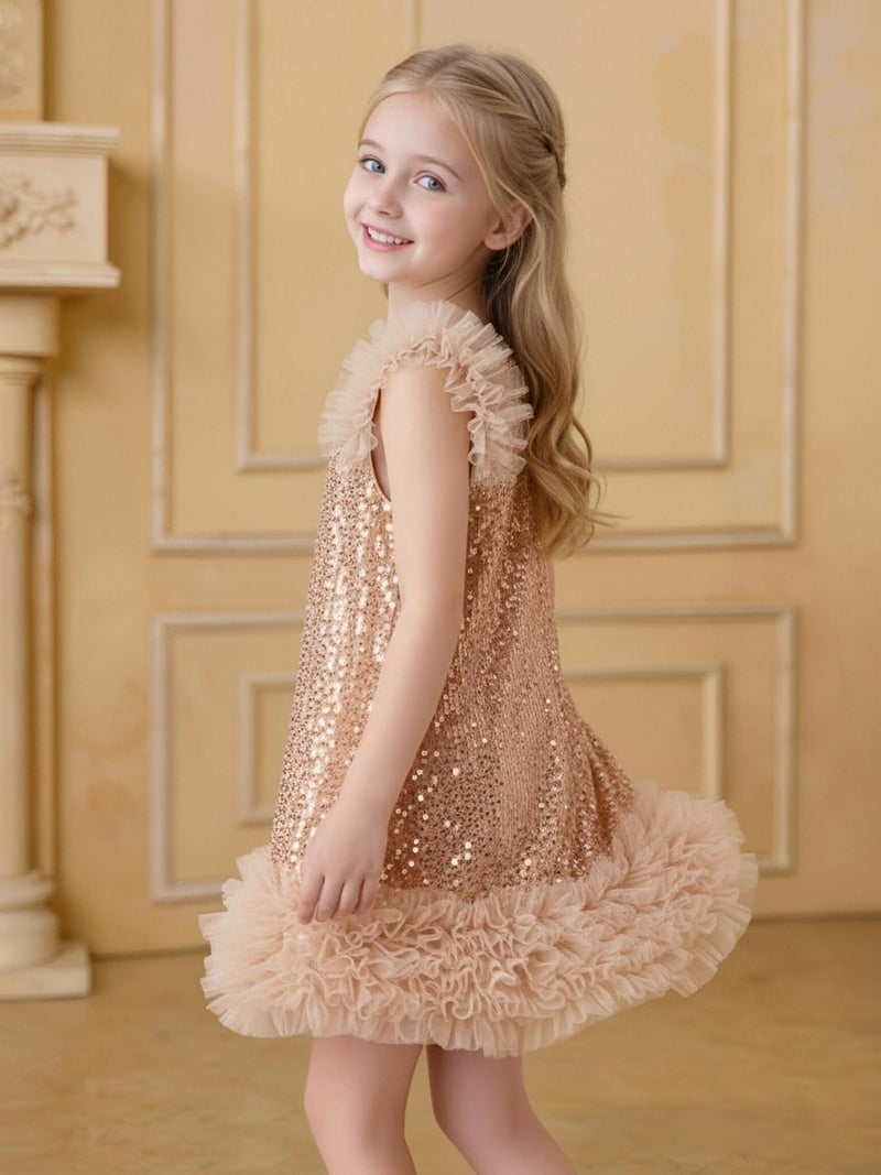 Tutu.kk Girls Sequin Gown A-Line Dress Sparkly Sleeveless Dress Cuff Shoulder Party Outfit for Gilrs Champagne 5-6 Years - Image 3