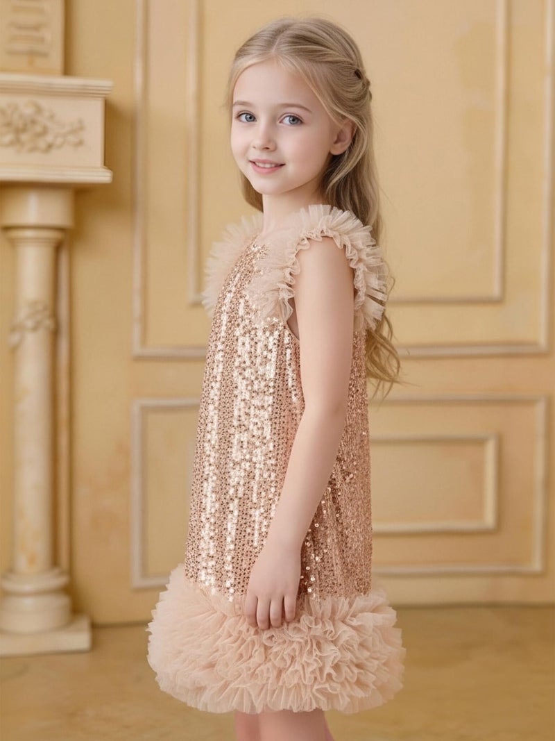 Tutu.kk Girls Sequin Gown A-Line Dress Sparkly Sleeveless Dress Cuff Shoulder Party Outfit for Gilrs Champagne 5-6 Years - Image 5