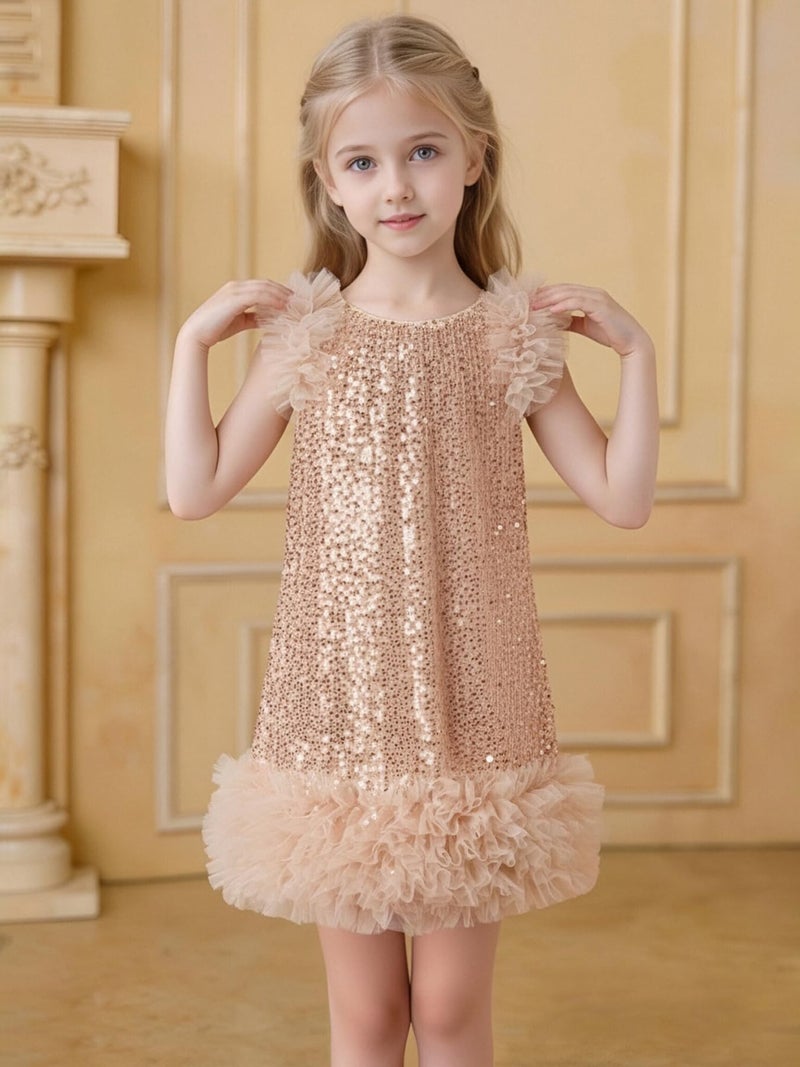Tutu.kk Girls Sequin Gown A-Line Dress Sparkly Sleeveless Dress Cuff Shoulder Party Outfit for Gilrs Champagne 5-6 Years - Image 2