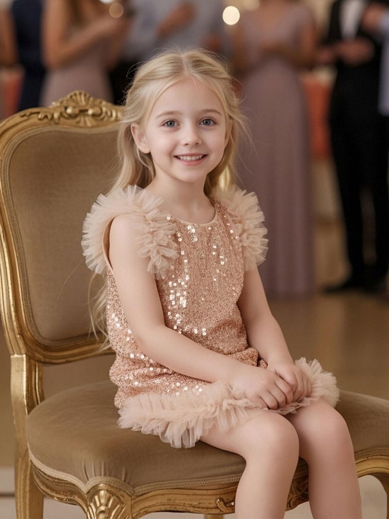 Tutu.kk Girls Sequin Gown A-Line Dress Sparkly Sleeveless Dress Cuff Shoulder Party Outfit for Gilrs Champagne 5-6 Years - Image 4