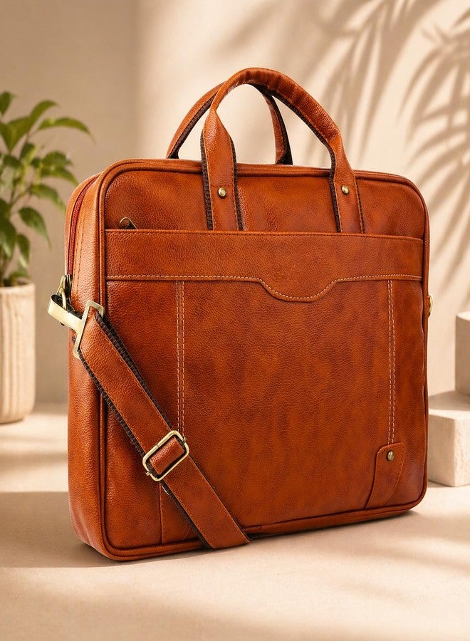 SAMTROH Laptop Messenger Bag, PU Leather, Expandable, Multiple Organisers, Formal/Casual Office Use, Fits Laptops up to 15.6 Inches (Tan) - Image 4