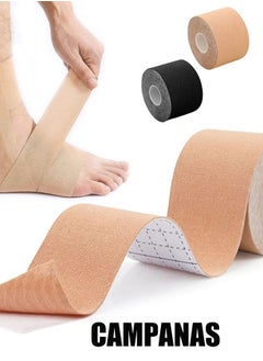 CAMPANAS 2 Roll Kinesiology Tapes, Waterproof Breathable Cotton Sports Tape, Relief the Pain Effect Sports Tape, Athletic Elastic Kneepad Muscle Pain Relief Knee Taping for Gym Fitness Running Tennis Swimming Football 5cmx5m (Black+Beige)  - Image 1