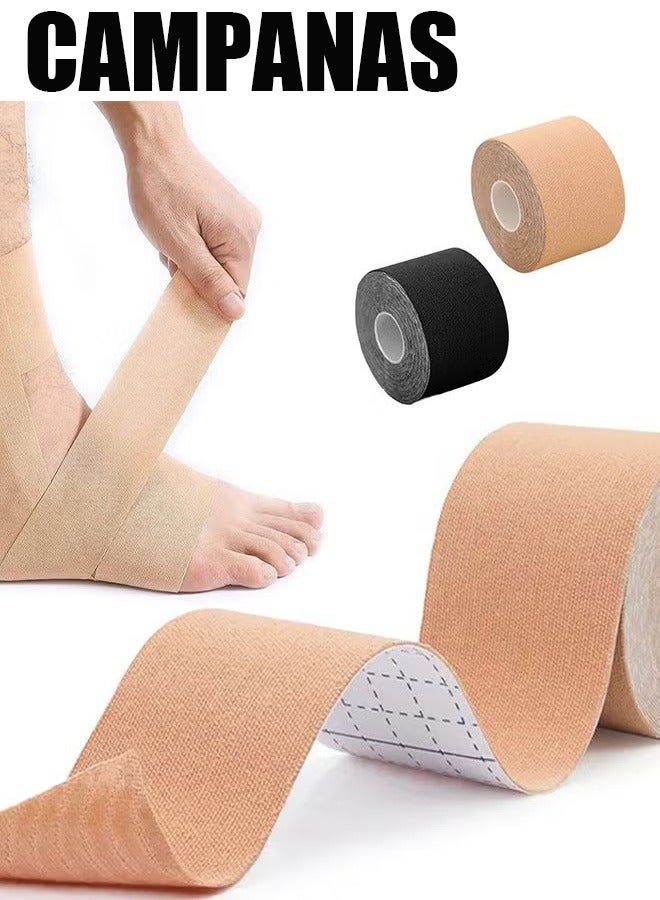أجراس 2 أشرطة لفة علم الحركة ، شريط رياضي قطني مسامي مقاوم للماء ، شريط رياضي لتخفيف تأثير الألم ، شريط رياضي مرن لتخفيف آلام الركبة لصالة الألعاب الرياضية للياقة البدنية الجري التنس السباحة كرة القدم 5 سم × 5 م (أسود بيج) - Image 1