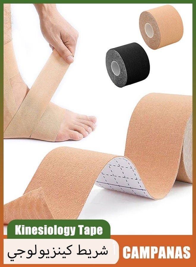 CAMPANAS 2 Roll Kinesiology Tapes, Waterproof Breathable Cotton Sports Tape, Relief the Pain Effect Sports Tape, Athletic Elastic Kneepad Muscle Pain Relief Knee Taping for Gym Fitness Running Tennis Swimming Football 5cmx5m (Black+Beige) - Image 1