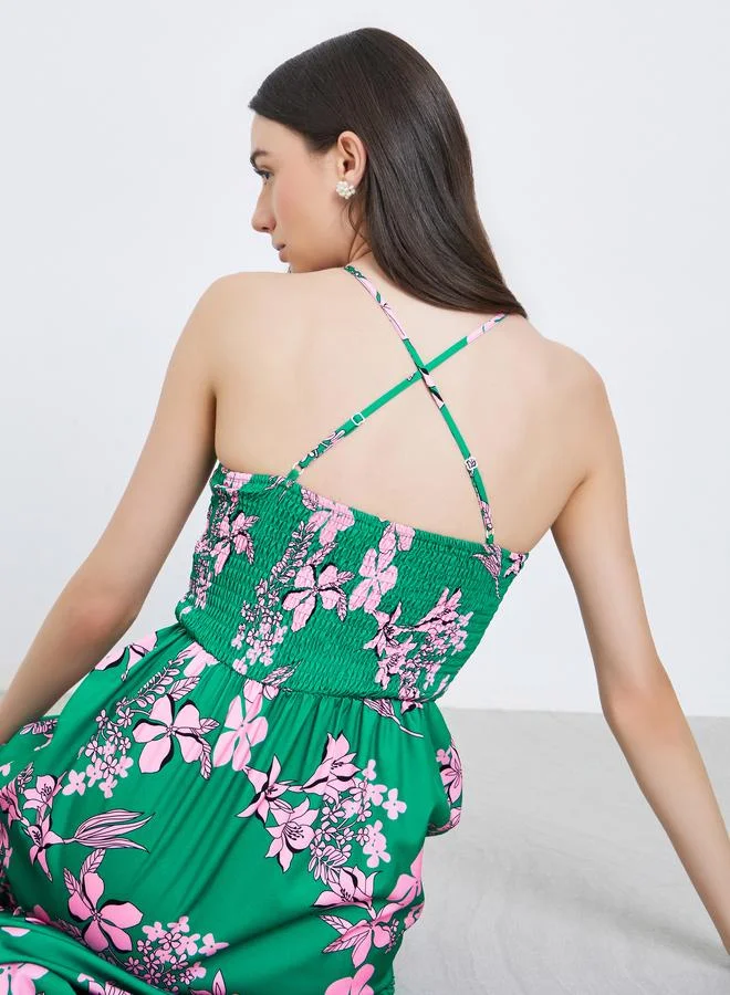 Take Two Green Floral Print Strappy Midi Dress