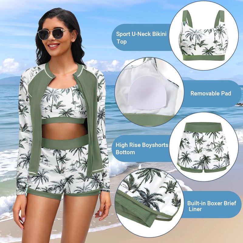 Daci Green Palm Tree 3 Piece Rash Guard for Women - Long Sleeve Swimsuits with Shorts SPF Zip up Swim Shirt with Built in Bra M - Image 4