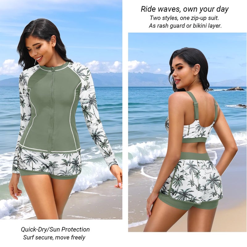 Daci Green Palm Tree 3 Piece Rash Guard for Women - Long Sleeve Swimsuits with Shorts SPF Zip up Swim Shirt with Built in Bra M - Image 2