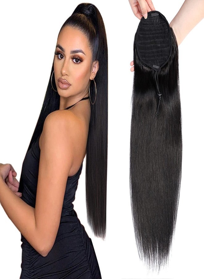 Seelaak Drawstring Ponytail Straight Ponytail Human hair Extension Hairpieces Long Straight Pony Tail Natural Black Comb In Ponytail Hair Pieces For Women 115g(1B, Straight 16Inch) - Image 1