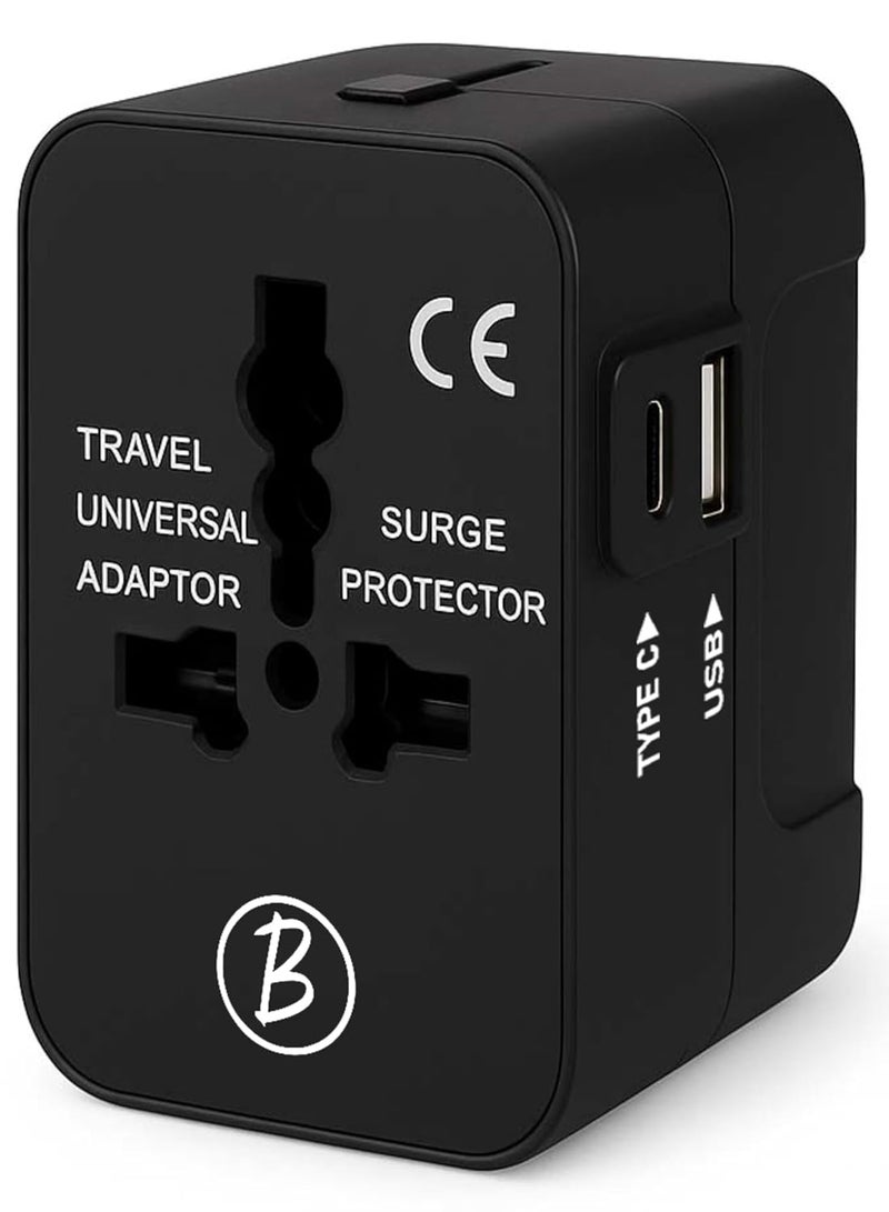 Btag Universal Travel Adapter All-in-One Worldwide Plug Adapter with USB and Type-C,Ports, Multi-Country, International Power Adapter (100-240V)(Black) - Image 1