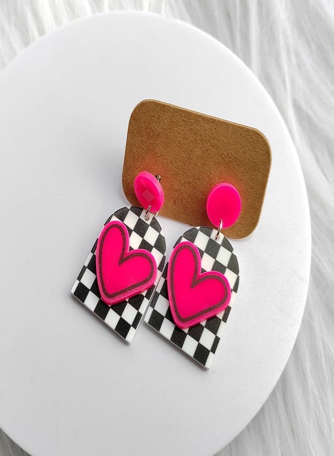 Blue Drop Black White Grid Hot Pink Heart Stud Earrings Love Heart Acrylic Earrings Valentine's Party Jewelry Gifts for Her - Image 2