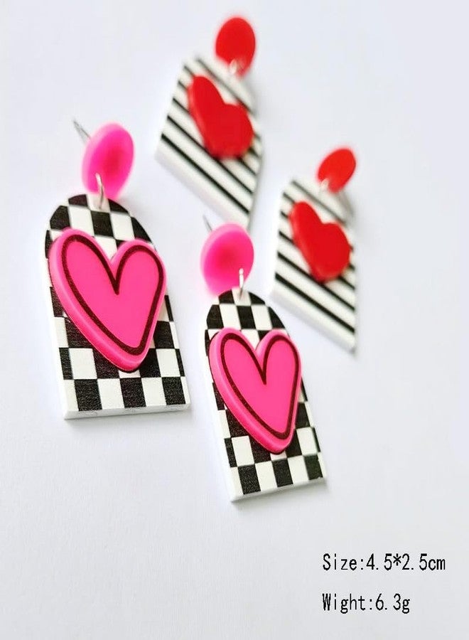 Blue Drop Black White Grid Hot Pink Heart Stud Earrings Love Heart Acrylic Earrings Valentine's Party Jewelry Gifts for Her - Image 5