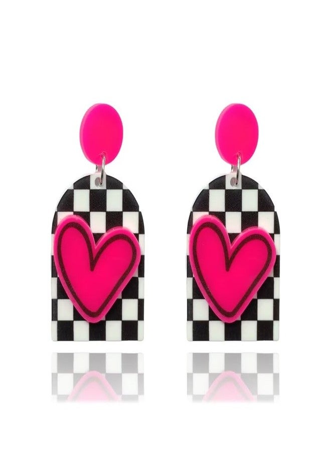 Blue Drop Black White Grid Hot Pink Heart Stud Earrings Love Heart Acrylic Earrings Valentine's Party Jewelry Gifts for Her - Image 1