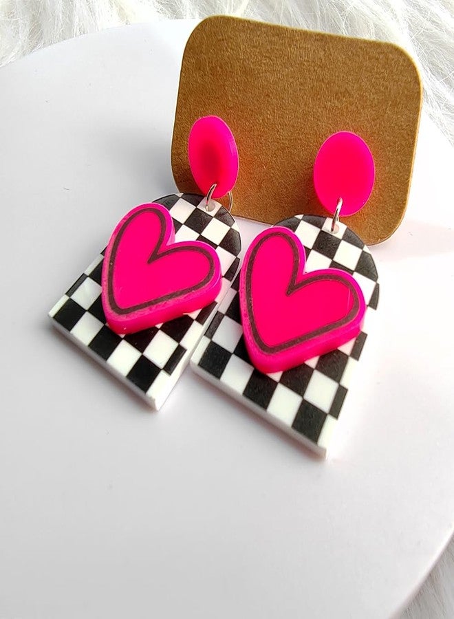 Blue Drop Black White Grid Hot Pink Heart Stud Earrings Love Heart Acrylic Earrings Valentine's Party Jewelry Gifts for Her - Image 3