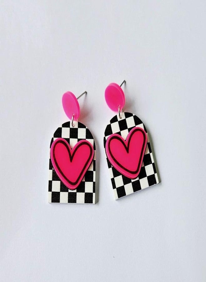 Blue Drop Black White Grid Hot Pink Heart Stud Earrings Love Heart Acrylic Earrings Valentine's Party Jewelry Gifts for Her - Image 4