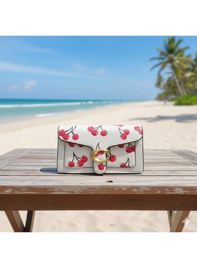 Coachoutlet Tabby Satchel Bag, Cherry Design, Gold Hardware with long belt strap