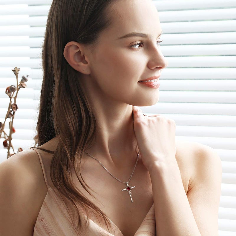 FANCIME Ruby Cross Necklace For Women Sterling Silver Birthstone Necklace Ruby Infinity Heart Cross Pendant July Birthstone Jewelry Gifts Valentines Day Gifts for Women - Image 2