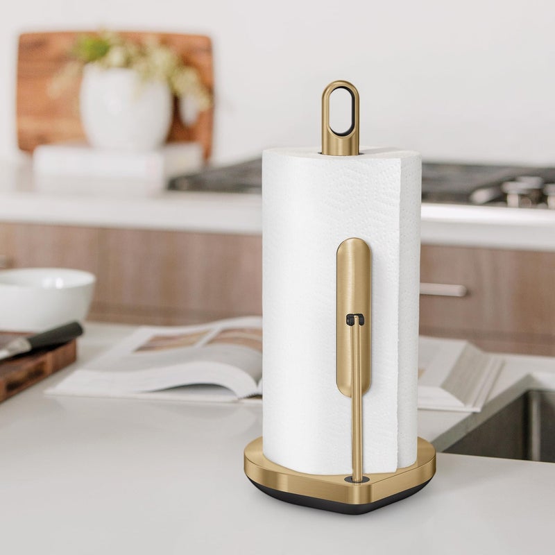 simplehuman Tension Arm Standing Paper Towel Holder, Heavy-Duty, Easy One-Handed Tear, Countertop Kitchen Paper Towel Dispenser, Brass Stainless Steel - Image 3