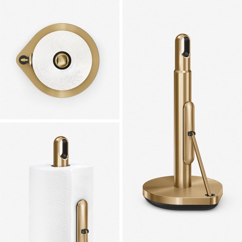simplehuman Tension Arm Standing Paper Towel Holder, Heavy-Duty, Easy One-Handed Tear, Countertop Kitchen Paper Towel Dispenser, Brass Stainless Steel - Image 2