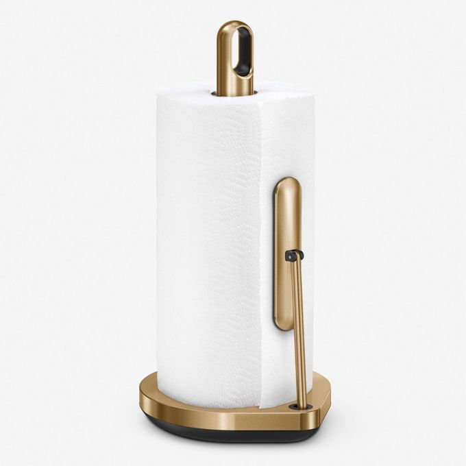 simplehuman Tension Arm Standing Paper Towel Holder, Heavy-Duty, Easy One-Handed Tear, Countertop Kitchen Paper Towel Dispenser, Brass Stainless Steel - Image 1