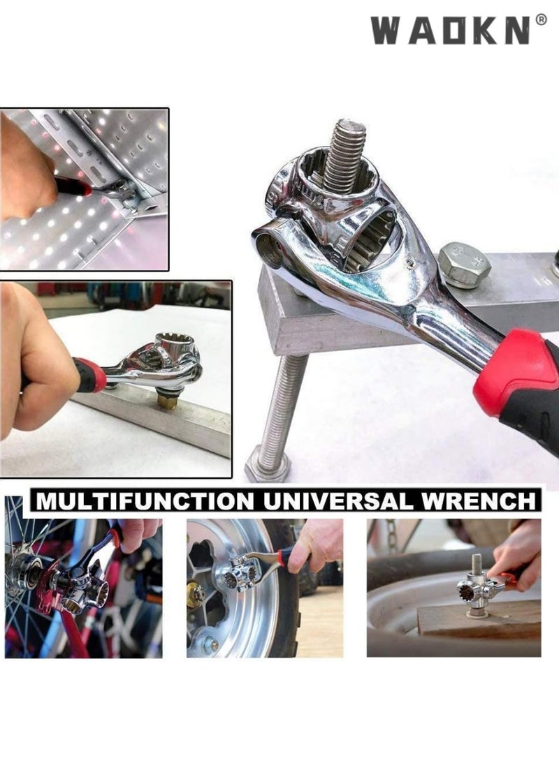 WAOKN - Universal Wrench 48 in 1 Socket Multifunction Tool with 360 Degree Rotating Head,Multifunctional Wrench Rotating Head Wrench Spanner for Home and Car Repair Tool With Spline Bolts Black/Red/Silver - Image 1