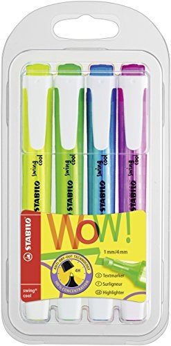 STABILO Highlighter swing cool - Pack of 4 - Yellow, Green, Blue, Pink, Portable, Clip Closure - Image 1