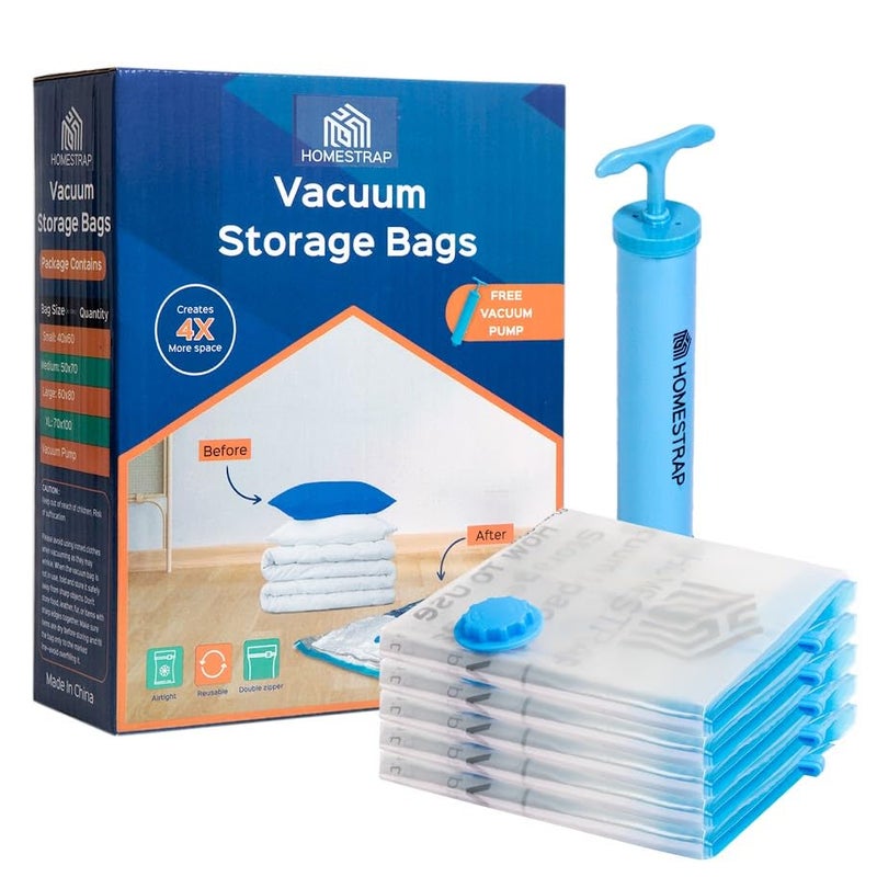 HomeStrap Vacuum Storage Bags with Pump Pack of 5 (Medium) | Airtight and Reusable Space Saver Double Ziplock Compression Bags with Vacuum Pump|Creates 4x More Space for Clothes, Winterwear, Blankets - Image 1