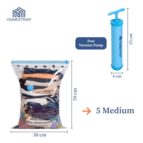 HomeStrap Vacuum Storage Bags with Pump Pack of 5 (Medium) | Airtight and Reusable Space Saver Double Ziplock Compression Bags with Vacuum Pump|Creates 4x More Space for Clothes, Winterwear, Blankets - Image 2