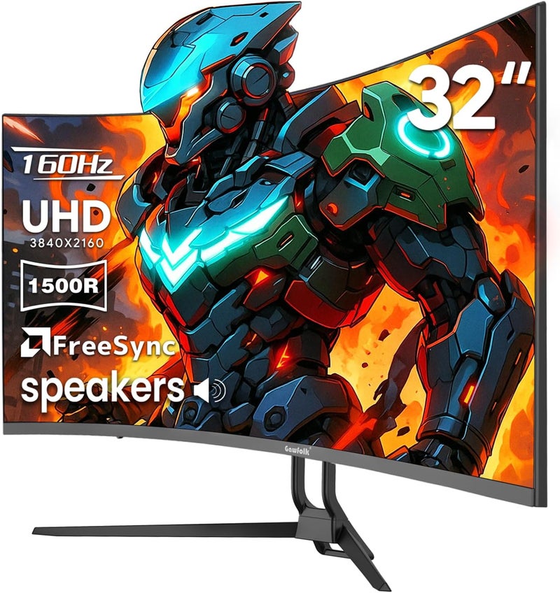 Gawfolk شاشة ألعاب 32 بوصة 4K 160Hz منحنية 1500R UHD (3840x2160) سرعة 1ms (GTG) 320cd/m² 120% sRGB إضاءة خلفية RGB FreeSync للاعبين الإلكترونيين، مكبرات صوت مدمجة - Image 2