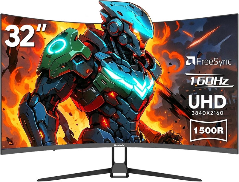 Gawfolk شاشة ألعاب 32 بوصة 4K 160Hz منحنية 1500R UHD (3840x2160) سرعة 1ms (GTG) 320cd/m² 120% sRGB إضاءة خلفية RGB FreeSync للاعبين الإلكترونيين، مكبرات صوت مدمجة - Image 1