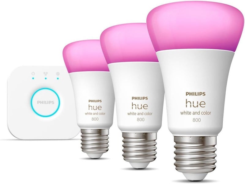 فيليبس هوي مجموعة أساسية من مصابيح Philips Hue بلون أبيض ومتعدد الألوان (3 مصابيح + جهاز Hue Bridge)، متوافقة مع تقنيات البلوتوث (Bluetooth) وزيغبي (Zigbee)، وتعمل مع أنظمة مثل Apple HomeKit وSiri وAlexa وGoogle Assistant والعديد من الأنظمة الأخرى. - Image 2
