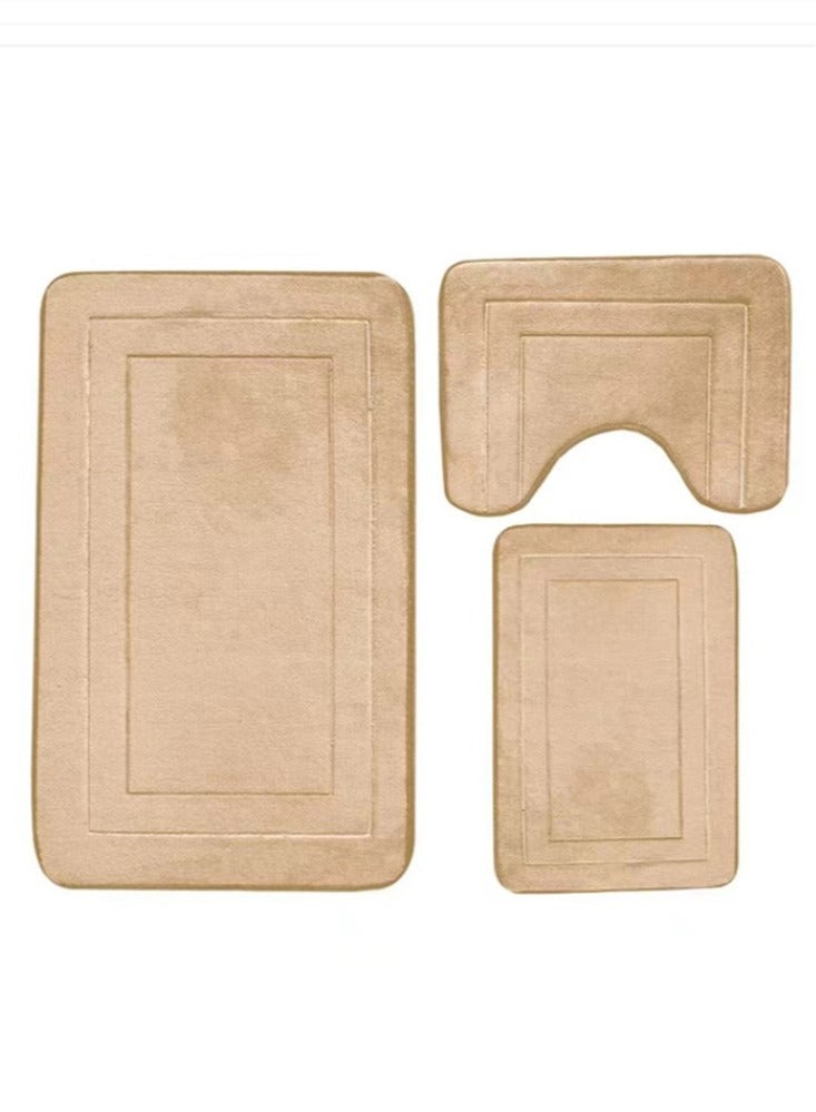 Kutis 3-Pieces Bathroom Coral Velvet Floor Mat Suit Absorbent Anti-Slip Toilet Carpet Set Beige  - Image 1
