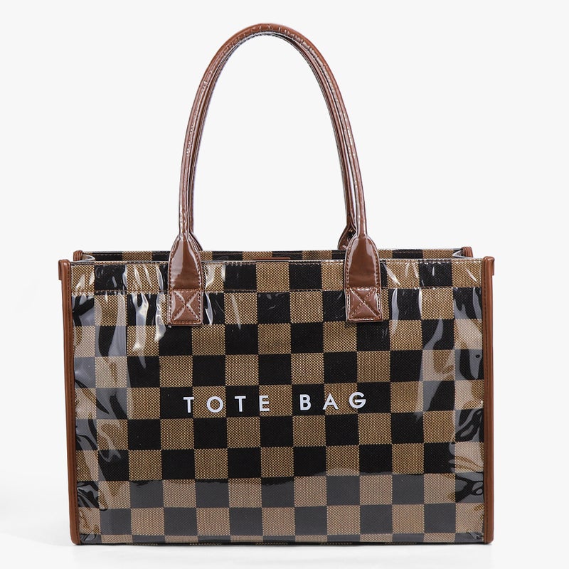 Brown Checkerboard PVC Large Tote Bag - Image 2