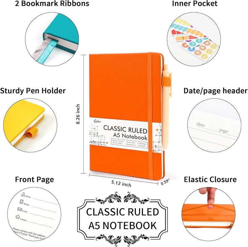 Feela Hardcover Notebook For Work, Classic Ruled Lined Journal Set School Business Supplies, with 3 Black Pens, 120 GSM, 5.1”x8.3”, 3 Pack, A5, Solid Colors, Yellow, Orange, Emerald - Image 2