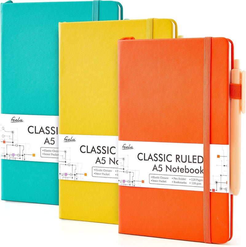 Feela Hardcover Notebook For Work, Classic Ruled Lined Journal Set School Business Supplies, with 3 Black Pens, 120 GSM, 5.1”x8.3”, 3 Pack, A5, Solid Colors, Yellow, Orange, Emerald - Image 1