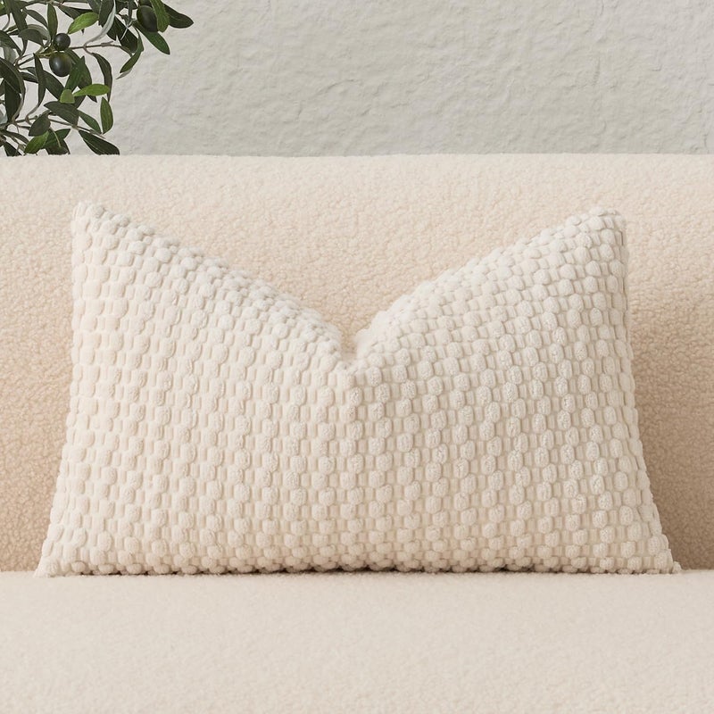 UGS UGASA UGASA Velvet 12x20 Inch Lumbar Throw Pillow Cover, Both Sides Corduroy Striped, Soft Solid Decorative Rectangular Cushion Case for Couch/Bedroom/Car, 1 Piece, Cream - Image 1
