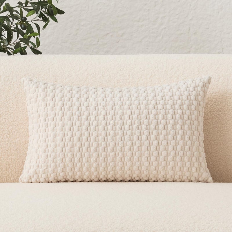 UGS UGASA UGASA Velvet 12x20 Inch Lumbar Throw Pillow Cover, Both Sides Corduroy Striped, Soft Solid Decorative Rectangular Cushion Case for Couch/Bedroom/Car, 1 Piece, Cream - Image 4