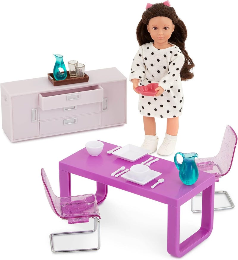 LORI – Mini Doll & Toy Dining Room Furniture – 6-Inch Doll & Dollhouse Accessories – Table, Chairs, Dishes, Cutlery – Play Set for Kids – 3+ Years– Amelia’s Dining Room Set - Image 1