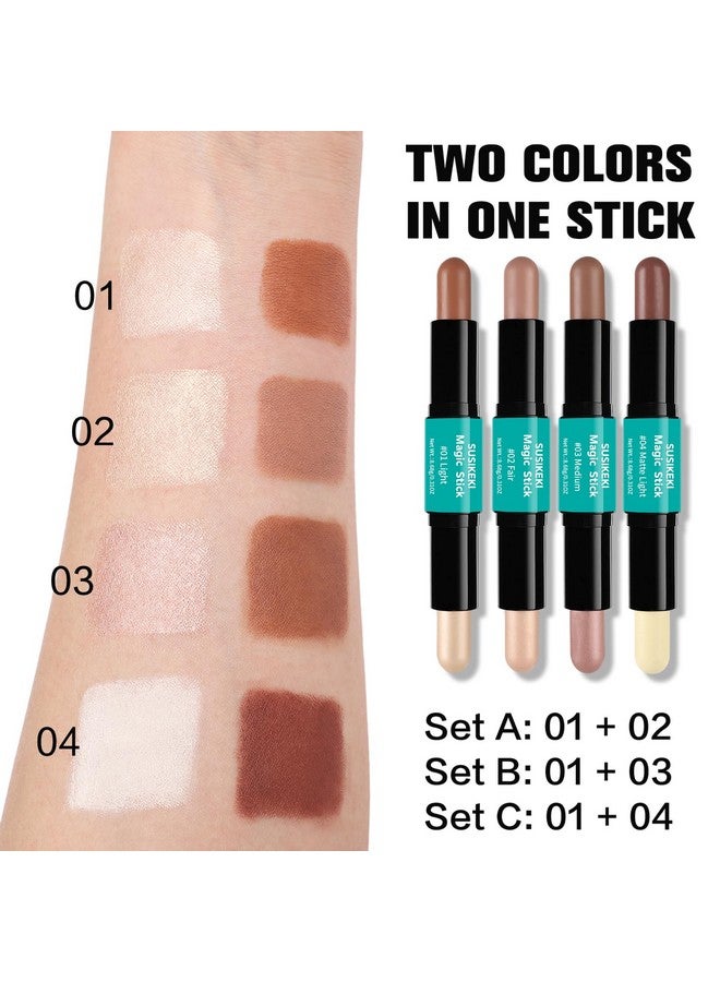 Contour Stick, 2Pcs Dual-Ended Highlighter Makeup Pen & Contouring Stick For Face Shaping, Long Lasting Waterproof Cream Bronzer & Highlight Sticks Make Up Kit For All Skin Tones(01# + 03#)
