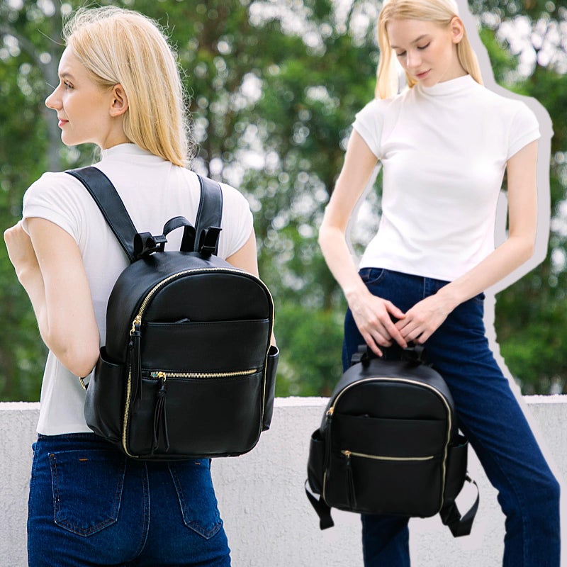 MOMINSIDE Small Diaper Bag Backpack, Mini Diaper Bag with 11 Pockets, Leather diaper backpack, Baby Diaper Bag for Baby Girls, 2 Insulated Pockets, Stroller Straps (Black) - Image 2