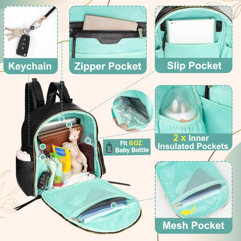 MOMINSIDE Small Diaper Bag Backpack, Mini Diaper Bag with 11 Pockets, Leather diaper backpack, Baby Diaper Bag for Baby Girls, 2 Insulated Pockets, Stroller Straps (Black) - Image 3