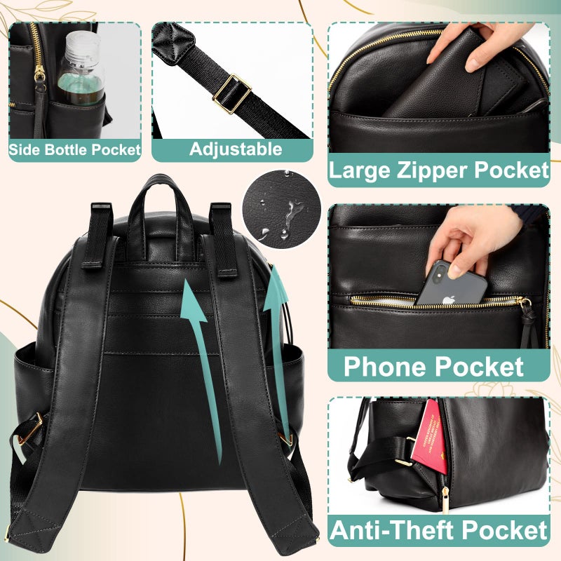 MOMINSIDE Small Diaper Bag Backpack, Mini Diaper Bag with 11 Pockets, Leather diaper backpack, Baby Diaper Bag for Baby Girls, 2 Insulated Pockets, Stroller Straps (Black) - Image 5