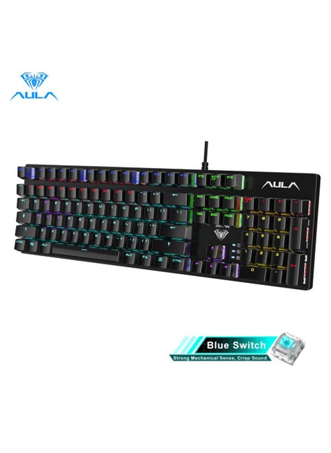 104 Keys Mechanical Keyboard USB Wired LED Backlight Suspension Keycap 26-Key Roll-Over Anti-Ghosting Blue Switch Gaming Keyboard for Gaming Typing Office, Black