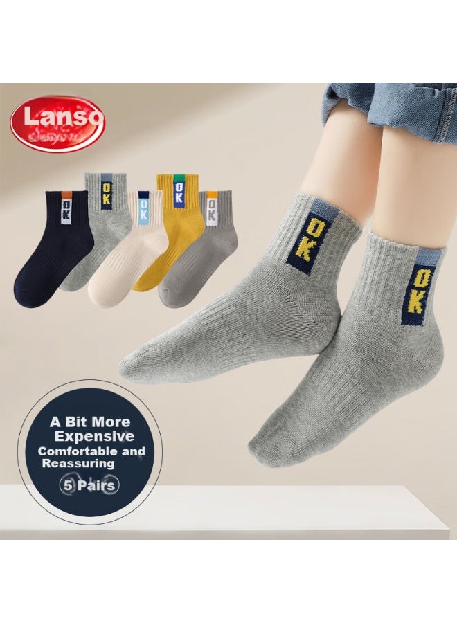 LANG SHA Langsha Boys' Cotton Socks Spring Summer High Tube Elastic Comfortable Soft Letter Sports Trendy Socks - Image 1