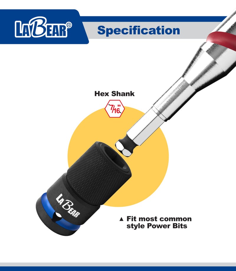 LABEAR TOOL Impact Wrench Adapter, 1/2" Drive Female to 7/16" Hex Converter, Quick Release, Quick Change Chuck, Square to Hex Bit Adapter, Impact Drill Adapter, Cr-Mo Steel Ratchet Wrenches Drivers - Image 3