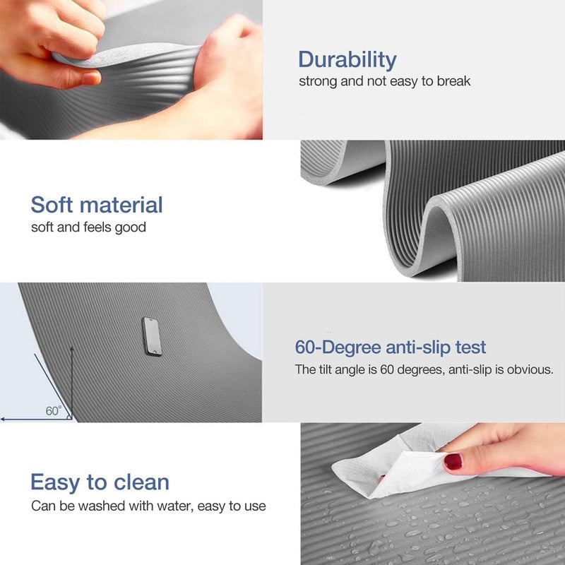 Gruper Thick Yoga Mat Non Slip, Large Size 72" L x 32" W x 0.6" TH, Premium Exercise & Fitness Mat with Carrying Strap and Bag, Workout Mats for Home (Grey, 0.6 * 32 * 72 Inches) - Image 3