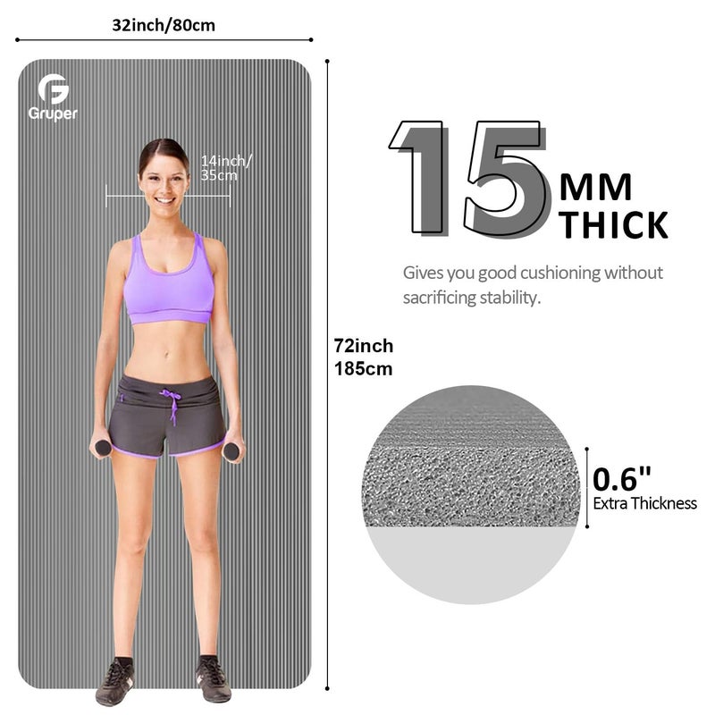 Gruper Thick Yoga Mat Non Slip, Large Size 72" L x 32" W x 0.6" TH, Premium Exercise & Fitness Mat with Carrying Strap and Bag, Workout Mats for Home (Grey, 0.6 * 32 * 72 Inches) - Image 2